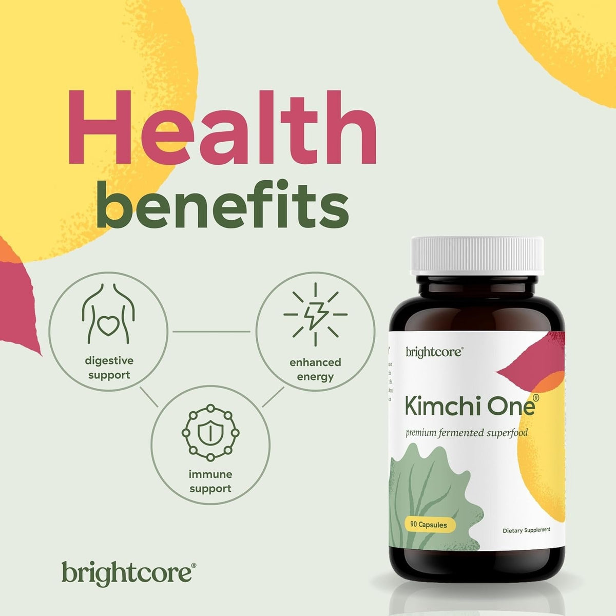 Kimchi One Powder Probiotic Capsules for Gut Health Overall Well Being 90Ct | Fermented kimchi powder with live probiotics, digestive enzymes & antioxidants. Gluten-free, 100% vegan. 90 capsules.