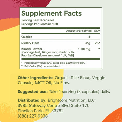 Kimchi One Powder Probiotic Capsules for Gut Health Overall Well Being 90Ct | Fermented kimchi powder with live probiotics, digestive enzymes & antioxidants. Gluten-free, 100% vegan. 90 capsules.