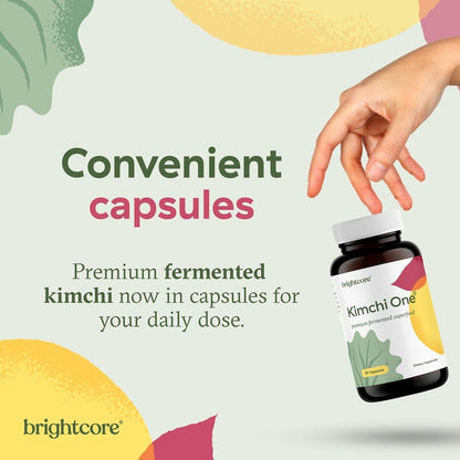 Kimchi One Powder Probiotic Capsules for Gut Health Overall Well Being 90Ct | Fermented kimchi powder with live probiotics, digestive enzymes & antioxidants. Gluten-free, 100% vegan. 90 capsules.