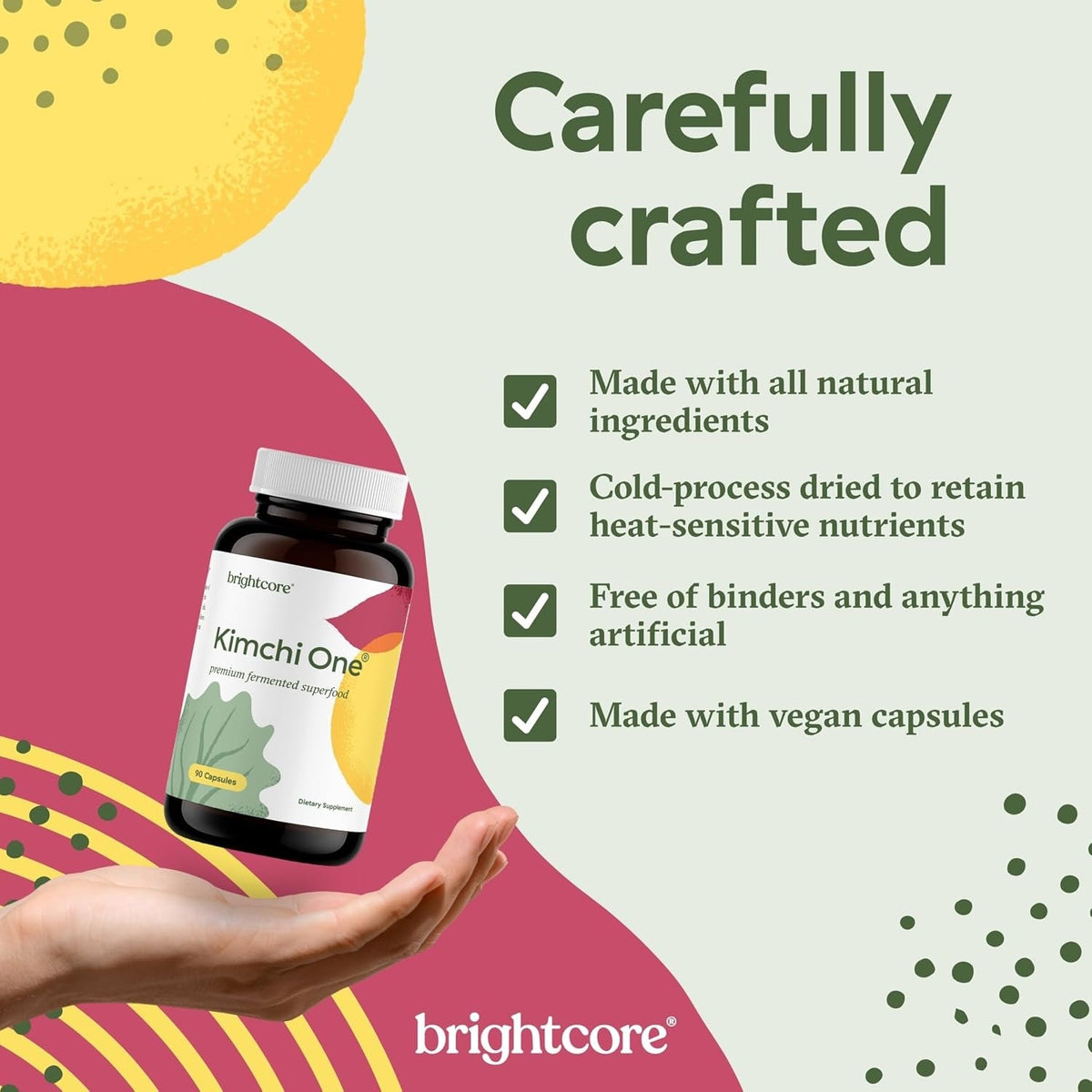 Kimchi One Powder Probiotic Capsules for Gut Health Overall Well Being 90Ct | Fermented kimchi powder with live probiotics, digestive enzymes & antioxidants. Gluten-free, 100% vegan. 90 capsules.
