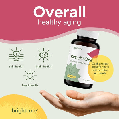 Kimchi One Powder Probiotic Capsules for Gut Health Overall Well Being 90Ct | Fermented kimchi powder with live probiotics, digestive enzymes & antioxidants. Gluten-free, 100% vegan. 90 capsules.