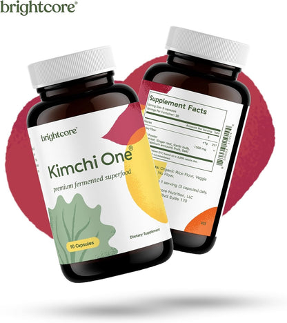 Kimchi One Powder Probiotic Capsules for Gut Health Overall Well Being 90Ct | Fermented kimchi powder with live probiotics, digestive enzymes & antioxidants. Gluten-free, 100% vegan. 90 capsules.